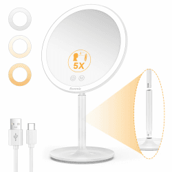 Auxmir Kosmetikspiegel LED Beleuchtet 5X Vergrößerung, Schminkspiegel mit 46 LED 3 Lichtfarben und Dimmbare Helligkeit, USB Wiederaufladbarer Makeup Spiegel 90° Schwenkbar für Schminktisch Reise 5x (Weiß)