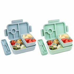 Bugucat Lunchbox Kinder 1300ML 2 Set, Brotdose Kinder mit 5 Fächern Bento Box Brotdosen mit Besteckset, Brotdose für Kinder und Erwachsene, Vesperdose Frühstücksbox für Mädchen & Jungen BPA-Frei BGrün 2set-blau Grün