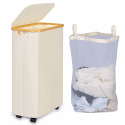 iEGrow Wäschekorb mit Rollen 75L, Wäschesammler Schmal mit Herausnehmbarer und Waschbarer Innentasche, Laundry Baskets Wäschekörbe mit Deckel für Kleidung, Spielzeug, Handtücher (Beige) 75L mit Rädern Beige