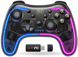 GAMSINGY Switch Controller mit USB-Empfänger für PC/Switch/Lite/OLED, Switch Controller mit Präzise Bewegungssteuerung/Dual Motor Vibration/Turbo/Aufwecken Funktion/Cooles RGB/15Std Spielzeit Transparent+USB-Empfänger