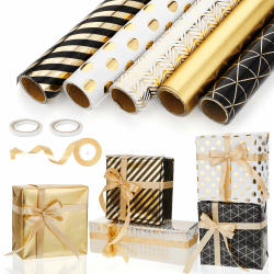 5 Rollen Geschenkpapier Set, 43cm x 3m Geschenkpapier Geburtstag Geschenkpapier Schwarz Gold Geschenkpapierrolle mit Schleifenband Gold für Kindergeburtstag Hochzeit Babyparty Valentinstag Ostern