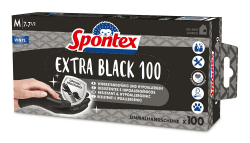 SPONTEX Extra Black Einmalhandschuhe aus Vinyl, ungepudert und latexfrei, vielseitig einsetzbar, in praktischer Spenderbox, Größe M, 100er Pack, schwarz M Schwarz