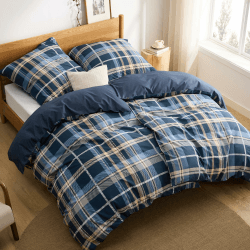 BEDSURE Bettwäsche 135x200 4teilig Baumwolle - Bettwäsche-Sets 2er Set Bettbezug Warm mit 2 Kissenbezüge 80x80 cm, Oeko-TEX Baumwoll Bettwäsche mit Reißverschluss Blau Kariert Muster 135 x 200 cm 4 teilig Bunt Karo