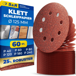 S&R Klett Schleifpapier Set 125 mm, Meister, 8 Löcher, 60 St Schleifblätter, Schleifscheiben für Exzenterschleifer, je 10 x Körnungen P40, P60, P80, P120, P180, P240, zuverlässige Haftung Korn 40 60 80 120 180 240