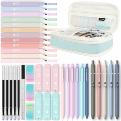 Four Candies 39 Stück Schulsachen mit Mäppchen, 12 Pastell Textmarker, 5 Gelstifte, 6 Druckbleistift Set, Aesthetic Stifte und Coole Sachen für Teenager Mädchen School Stuff Clean Girl (Blauer)