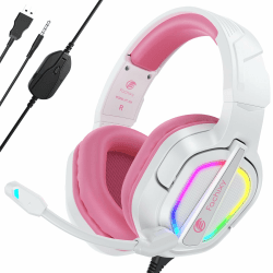 Fachixy「2024 New」FC200 Gaming-Headset für PS4/PS5/PC/Xbox One, Geräuschunterdrückung, Gaming-Kopfhörer, Headset mit Stereo-Mikrofon-Sound mit 3,5-mm-Klinkenstecker mit RGB-Licht - Weiss-ROSA Kabelgebunden WEISS-ROSA
