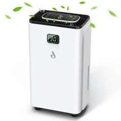 Luftentfeuchter 12L/Tag mit Digitaler Feuchtigkeitsanzeige, Automatische Entfeuchtung, 24H-Timer, Kontinuierliche Entwässerung, 2,5L Wassertank, Abflussschlauch, Ideal für Keller, Gegen Feuchtigkeit Weiß