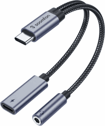 SOOMFON 2-in-1 USB C auf Klinke Adapter und Laden, Typ C 3,5mm Aux Kopfhörer Adapter mit DAC-Chip, PD 60W Schnellladung, für iPhone 15/15 Pro Max, Samsung S24/S23/S22, Huawei, Pixel usw. (Dunkelgrau) 3,5mm Klinke auf USB C