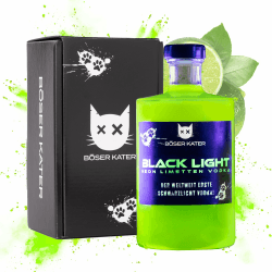 Böser Kater Blacklight Vodka | Weltweit erster Schwarzlicht Neon Vodka mit Leucht-Effekt | Partydrink | Fruchtiger Limettengeschmack | In hochwertiger Geschenkbox | Geschenkidee | 0,5l 40% Vol. Böser Kater Blacklight Neon Vodka 0,5l