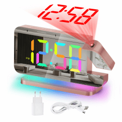 U-picks Wecker Digital,Wecker Mit Projektion,7.4"LED-Spiegeluhr mit um 180°Drehbarem Projektor,11 RGB-Farben-Digitalanzeige,10-Farben-Nachtlicht,5-Stufen Lautstärke Tischuhr Digital für Kinder,Mädchen Roségold