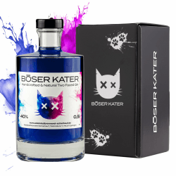 BÖSER KATER Magic Two Faced Gin | Farbwechsel-Effekt von Blau zu Violett durch Tonic Water | Das perfekte Geschenk in hochwertiger Geschenkbox | Handgemacht & perfektionierter Geschmack 0,5l 40% Vol. Magic Two Faced Gin Flasche in Geschenkbox