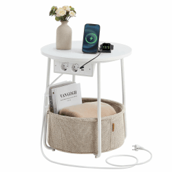 VASAGLE Beistelltisch rund, Kleiner Tisch, Couchtisch mit Steckdose, Wohnzimmertisch, Korb aus Stoff, Stauraum für Wohnzimmer Schlafzimmer, Nachttisch modern, mattweiß-Kamelbraun LET228W02 Mattweiß + Kamelbraun
