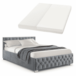 Juskys Polsterbett Nizza 140x200 cm mit Matratze, Bettgestell mit Lattenrost, Stauraum & LED Beleuchtung, Samtbezug, Chesterfield-Steppung, Grau 140 x 200 cm Grau