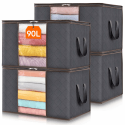 Lifewit 4 Stück 90L Aufbewahrungstasche, Aufbewahrungsbox mit Deckel, Groß Kleideraufbewahrung Umzugskartons, Faltbare Aufbewahrung Boxen für Bettdecken Kleidung Unterbett Kleiderschrank, Grau 4 90L