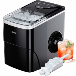 Silonn Eiswürfelmaschine, 9 Würfel in 6 Minuten fertig 12 KG in 24 Stunden, selbstreinigende kleine Eiswürfelmaschine mit Eisschaufel und Korb, 2 Größen von Bullet Eis für Küche, Büro, Bar und Party Schwarz-IM01 2.0 L