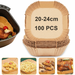 TOGOO Backpapier für Heißluftfritteuse, 100 Stück 20-24cm Quadrat Airfryer Backpapier, Einweg Antihaft-Öl und Wasserdicht Pergamentpapier Liner für Airfryer, Backofen, Mikrowelle Quadrat(20-24cm)-100Stück