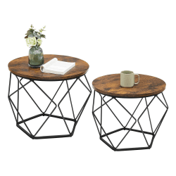 VASAGLE Couchtisch rund, 2er Set, Wohnzimmertisch, Beistelltisch, Vintage-Flair, abnehmbare Tischplatte, für Wohnzimmer, vintagebraun-tintenschwarz LET040B01 50 cm d, 40 cm H Vintagebraun + Tintenschwarz