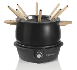 Bestron elektrisches Fondue Set für bis zu 8 Personen, mit 8x Fonduegabeln & stufenlosen Thermostat, inkl. Spritzschutz, Farbe: Schwarz/Holz