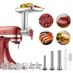 Fleischwolf Aufsatz für Kitchenaid Standmixer Inklusive 3 Wurstfüllhörner 2 Schleifklingen 4 Mahlscheibe und Reinigungsbürste Fleischwolf für KitchenAid Zubehör von GVODE Aluminium Silber