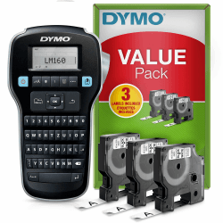 DYMO LabelManager 160 Tragbares Beschriftungsgerät Starter-Set | Etikettiergerät mit QWERTZ Tastatur & Einfache Textbearbeitung | mit 3 Rollen | für D1 Etiketten in 6, 9 und 12mm Breite Recycelte Verpackung Single Beschriftungsgerät Kit