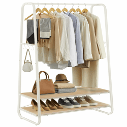 VASAGLE Kleiderständer, Garderobenständer, Garderobe, 2 Ablagen, 6 Haken in S-Form, Stahlgestell, für Schlafzimmer, Flur, Eingangsbereich, eichenfarben-cremeweiß RGR112W09 Eichenfarben + Cremeweiß