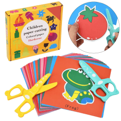 DealKits Kinder Papierschnitt Set, 2 Stück Kinder Sicherheit Schere + 48 Blatt Papier, Lustiges Papierschneid-Aktivitätsset Vorschule Kindergarten Kita Spaß DIY Lernspielzeug Pädagogisches Spielzeug Gelb