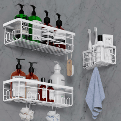 Lehuveky Duschablage ohne Bohren - 3 Stück Schwarz Duschregal - Rostfrei Badezimmer Regal mit Zahnbürstenhalter - Große Badregal Shampoo Halterung für Dusch B Weiß