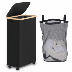 iEGrow Wäschekorb mit Deckel 75L, Wäschekörbe Schmal mit herausnehmbarer und waschbarer Innentasche, Wäschesammler mit Rollen, faltbare Wäschekörbe für Waschküche, Schlafzimmer, Badezimmer (Schwarz) 75L mit Rädern Schwarz