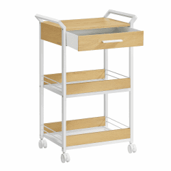 VASAGLE Rollwagen, Küchenwagen 3 Ebenen, Servierwagen mit Bremsen, Holzspanplatte, obere Schublade, Aufbewahrungsregal für Küche, Badezimmer, Schlafzimmer, goldeichenfarben-wolkenweiß LRC048N01 Goldeichenfarben + Wolkenweiß