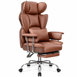 DoChair Bürostuhl Ergonomisch mit Fußstütze und Lendenwirbelstütze, PU Leder Chefsessel mit Lendenwirbelstütze und hoher Rückenlehne,Komfortabler Bürostuhl 200kg (braun)