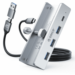 ORICO USB Hub, Aluminum USB 3.0 Hub Clip mit 5V Stromversorgungsanschluss, 5Gbps 4 Port USB Verteiler mit 3 USB-A 3.0 und 1 USB-C 3.0, 100cm Kabel (C auf A/C), für Monitoren, Schreibtischen, Silber