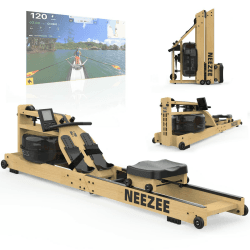 Neezee Wasser Rudergerät für Zuhause, Klappbar Rudergerät aus Massivholz, Rudermaschine mit Bluetooth Anzeige und Tablet-Halterung, Max 200kg Belastbar, Kompatibel mit Kinomap APP Braun Klappbar (mit Bluetooth)