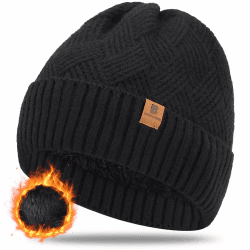 BARFULKER Beanie Mütze Damen Herren, Winter Warm Strickmütze Wintermützen Thermo Laufmützen Dehnbare Weiche Wollmütze mit Bündchen und Dickem Warmem Futter Geschenk Unisex Einheitsgröße A Schwarz