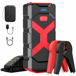 Powkey 2000A Starthilfe Powerbank für pkw, 12V Powerbank Auto Starthilfe, Auto Booster Power Pack für 8.0L Benzin und 6.0L Diesel mit Starthilfekabel/USB-Kabel 3.0 Ports und LED (Rot)