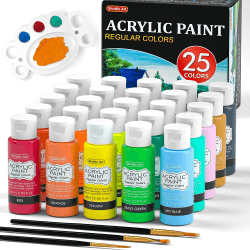 Shuttle Art Acrylfarben Set, 25 bunte Acryl Farben in Flaschen (je 60ml) mit 3 Pinselset, hochpigmentiert, Acrylfarbe wasserfest für Künstler, Anfänger, Erwachsene auf Leinwand, Steine, Holz geeignet 25 Farben