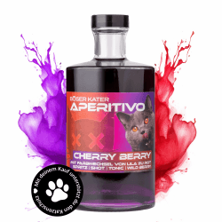 Böser Kater Cherry Berry Aperitivo | Farbwechsel Effekt von Lila zu Rot durch Tonic oder Secco | Kirsche Beeren Frucht Likör | Ideal als Spritz oder Cocktail | Perfekte Geschenkidee 0,5l 15% Vol. Cherry Berry Aperitivo 0,5l Flasche