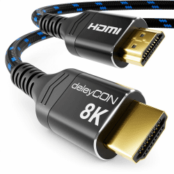deleyCON 7,5m 8K HDMI 2.1 Kabel (48G, ULTRA Highspeed) 8K@60Hz 4K@120Hz 2K@144Hz/165Hz EARC HDCP 2.3/2.2 - Kompatibel mit DTS:X Dynamisches HDR Dolby Atmos TV PS5 Xbox Soundbar Monitor - Schwarz Blau 7.5 M