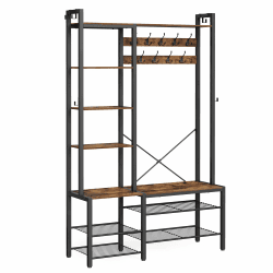 VASAGLE Garderobenständer mit Schuhbank, Garderobe, 5 Regalebenen aus Spanplatten, 9 Dreifach-Haken, 6 seitliche Haken, 40 x 120 x 190 cm, vintagebraun-tintenschwarz HSR426B01 Vintagebraun + Tintenschwarz