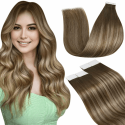 LaaVoo Tape in Extensions Echthaar Balayage Braun Echthaar Extensions Tape Remy Menschenhaar Hellbraun Ombre Goldene Blondine und Hellbraun Remy Tape Haarverlängerung Echthaar 45cm 20pcs #8/16/8 50g 45cm-20pcs 1.5#8/16/8