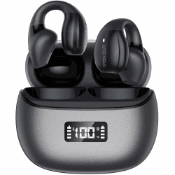 Relxhome Open Ear Kopfhörer, Clip On Kopfhörer, HiFi Sport Kopfhörer mit 4 Mic, Open Ear kabellose Earbuds, 50 Stunden Laufzeit, Kopfhörer Bluetooth 5.3 für Fitness/Reiten Black