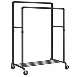 SONGMICS Kleiderständer, Kleiderstange, Garderobenständer mit 2 Kleiderstangen und Ablage, Rollen, bis 110 kg belastbar, Industrie-Design, für Schlafzimmer, Ankleidezimmer, schwarz HSR60B