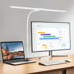 Schreibtischlampe LED Dimmbar, 1200 Lumen Doppelkopf Schreibtischlampe Klemmbar für Homeoffice, Augenschutz Schwanenhals Büro Tischlampe, Monitor Lampe Schwarz mit 5 Farbtemperatur-Helligkeitsstufen Weiß