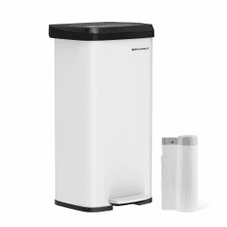 SONGMICS Mülleimer Küche, 68 Liter Abfalleimer, Tretmülleimer aus Metall, mit Deckel, hoch, schmal und geräumig, weiß-schwarz LTB520W6802 Weiß + Schwarz 68 L