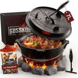 Gusskönig Dutch Oven Set [7L] - Eingebrannter Feuertopf mit praktischem Deckelheber und Füßen Topf mit Fuß 7 Liter
