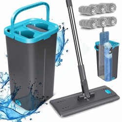 MASTERTOP Bodenwischer Set, Wischmopp Set mit Eimer, Mikrofaser Flachmopp mit 6 Wischpads, 2 in 1 Putzeimer Set Wischer mit Auswringfunktion für Hartholz Fliesen Laminat Marmor, Grau+Blau Wischmopp Set mit Eimer:Blau
