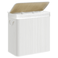 SONGMICS Wäschekorb, 150 l, schmutziger Wäschekorb, 3 Sortierfächer, Deckel aus Bambus, Griffe, faltbar, abnehmbarer Beutel, maschinenwaschbar, für Waschküche, Schlafzimmer, Weiß LCB091W01 150 L Weiß