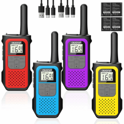 AWANFI Walkie Talkie 4er Set, Walkie Talkie Aufladbar für Erwachsene Kinder, 16 Kanäle Funkgeräte Set mit 1200mAh Li-ion Akku VOX, Walki Talki für Camping Wandern Geschenk Rot+Gelb+Blau+Lila