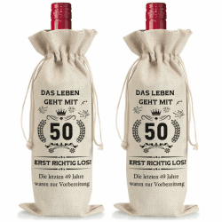 2 Stück Weinflasche Tasche Jute, Geschenke zum 50 Geburtstag Mann Frau, Weinbeutel Wiederverwendbare Wein Geschenkbeutel mit Kordelzug Wein Geschenktasche Weinflaschen Geschenktüten für Sektflaschen 50-Beige