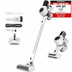 KLAMER Akku-Staubsauger, 420 Watt Kabelloser, Flexibler Handstaubsauger mit verschiedenen Aufsätzen mit LED Licht Weiss/Silber 2 Akku (je 45 min)