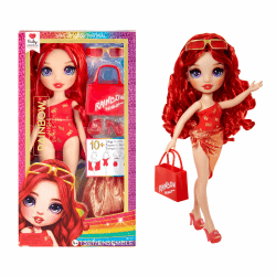 Rainbow High Swim & Style - Ruby (Rot) - 28 cm Große Puppe mit Schimmerndem Pareo, auf 10+ Arten zu tragen - Ausziehbarer Badeanzug, Sandalen, Spielzubehör - Spielzeug - Ideal für 4 bis 12 Jahre